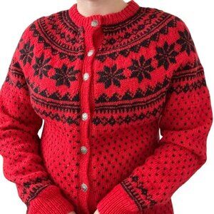 Vintage 1970s Womens Hand Knit in Norway Norwegian Snowflake Fair Isle Cardigan